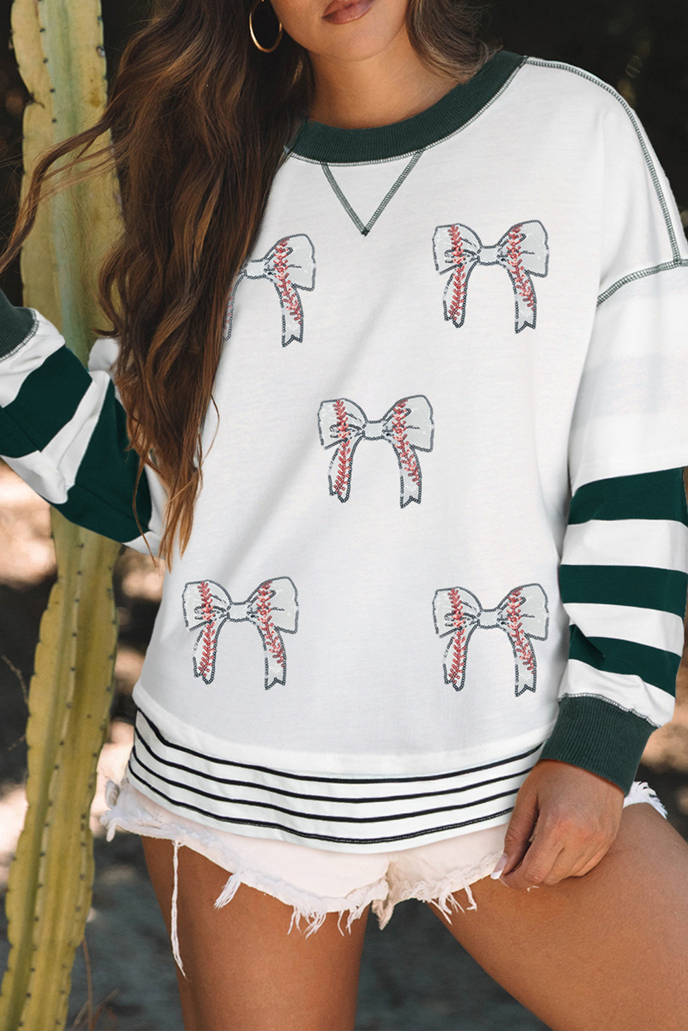 White Stripe Bowknot Pattern Contrast Trim Game Day Sweatshirt