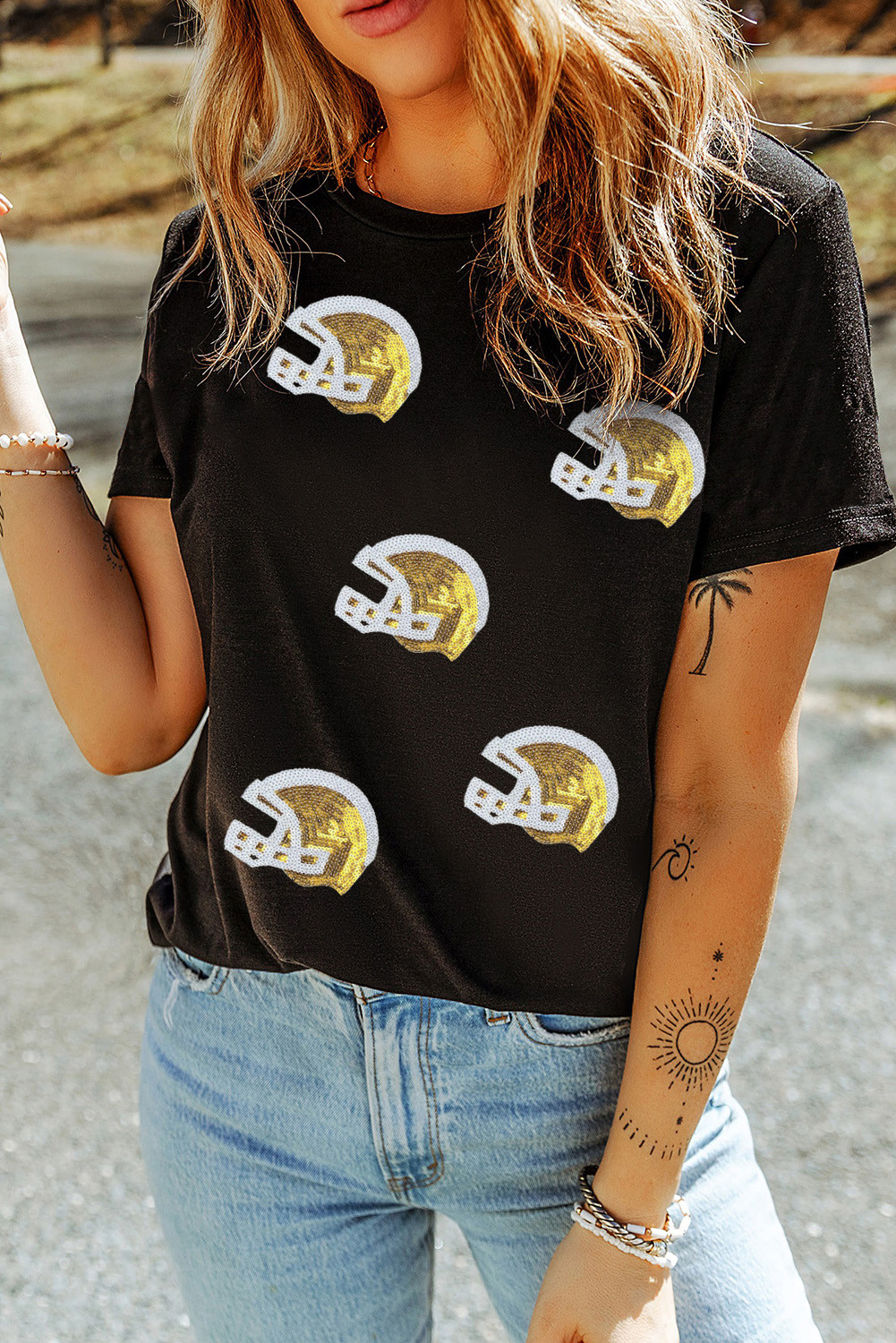 Black Game Day Sequin Helmet Graphic Crewneck T Shirt