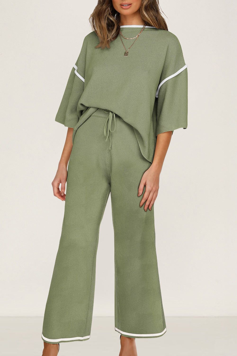 Guacamole Green Loose Contrast Trim Half Sleeve Top and Drawstring Pants Set