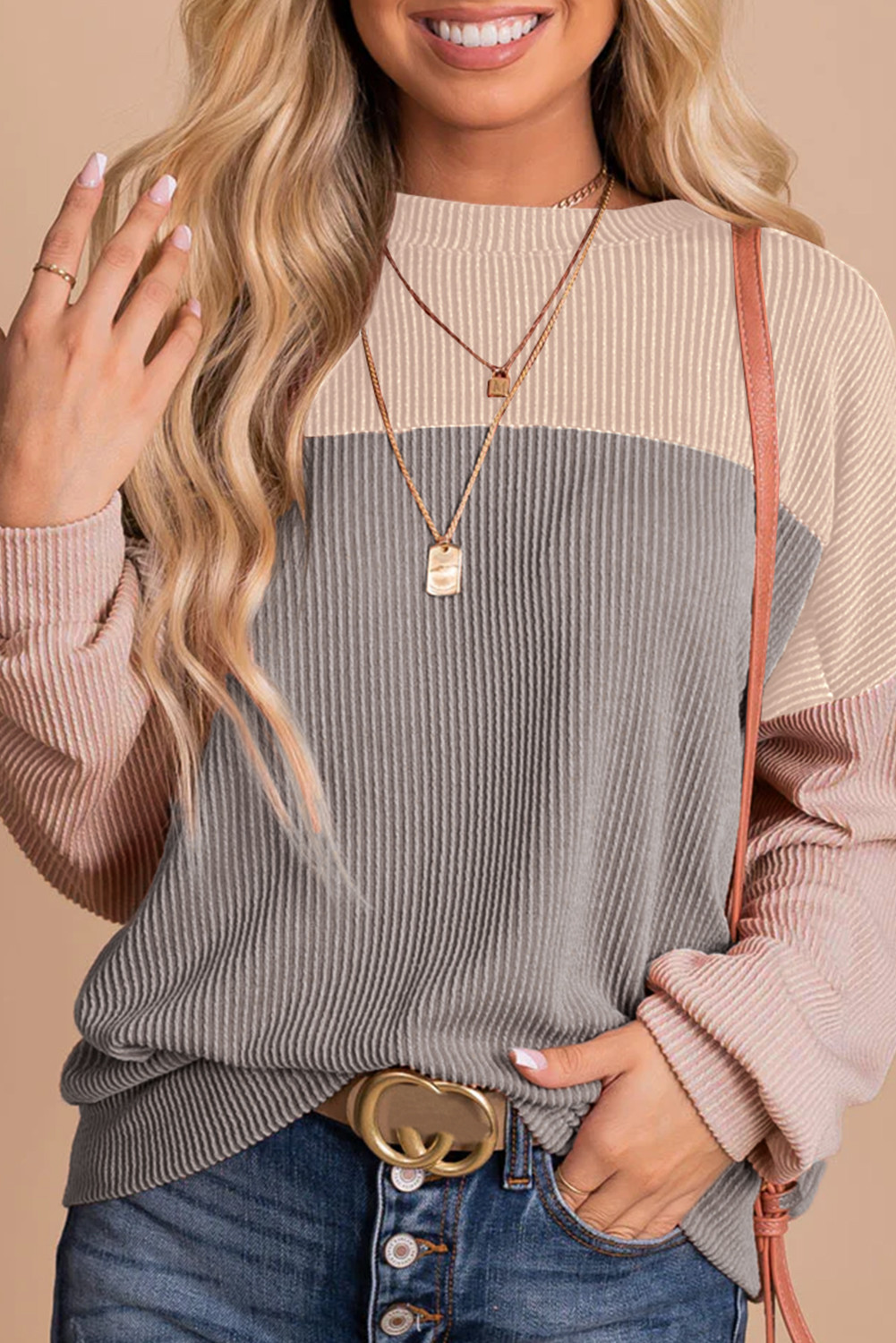 Multicolor Colorblock Ribbed Loose Long Sleeve Top
