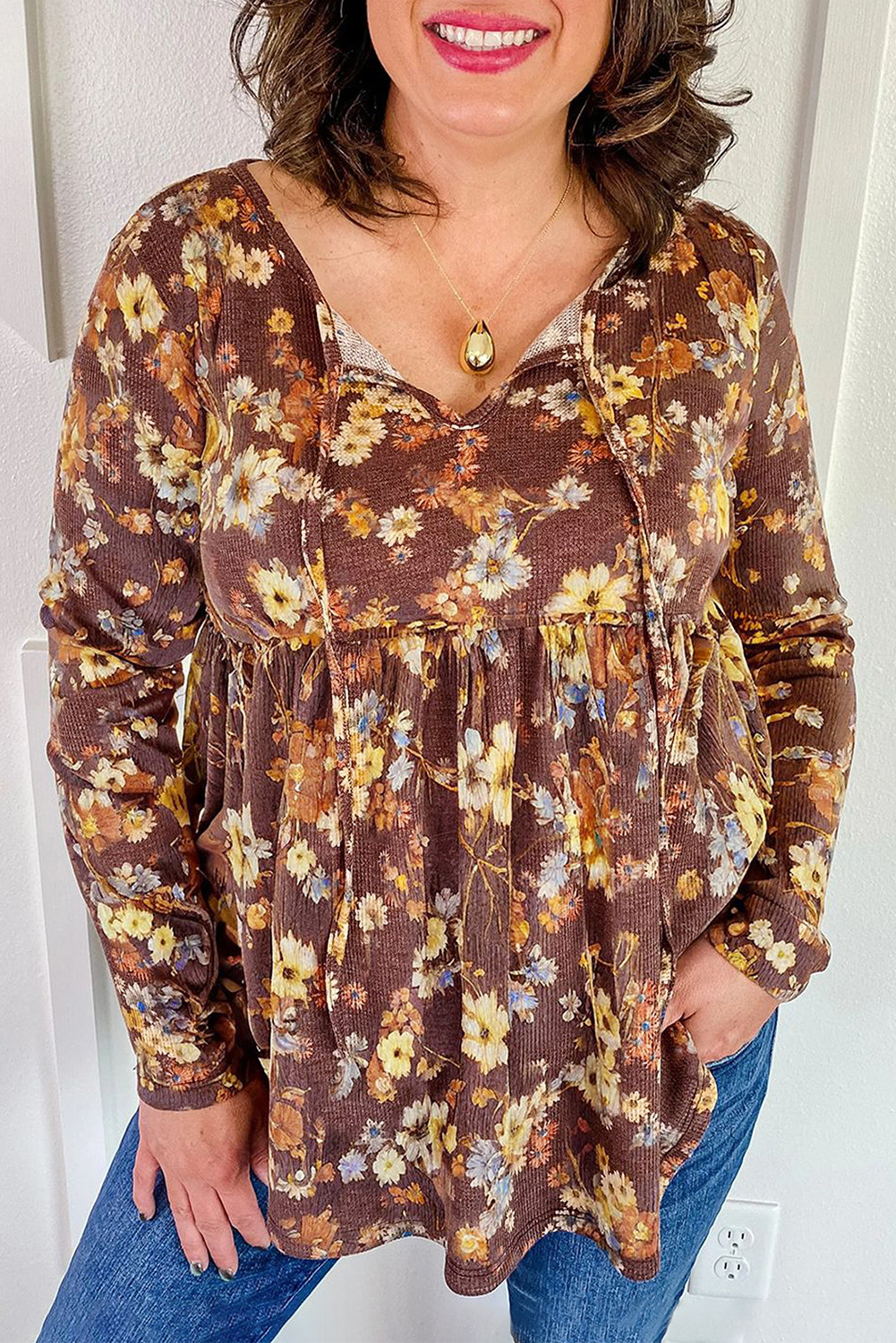 Khaki Floral Textured Long Sleeve Tie Neck Plus Size Babydoll Blouse