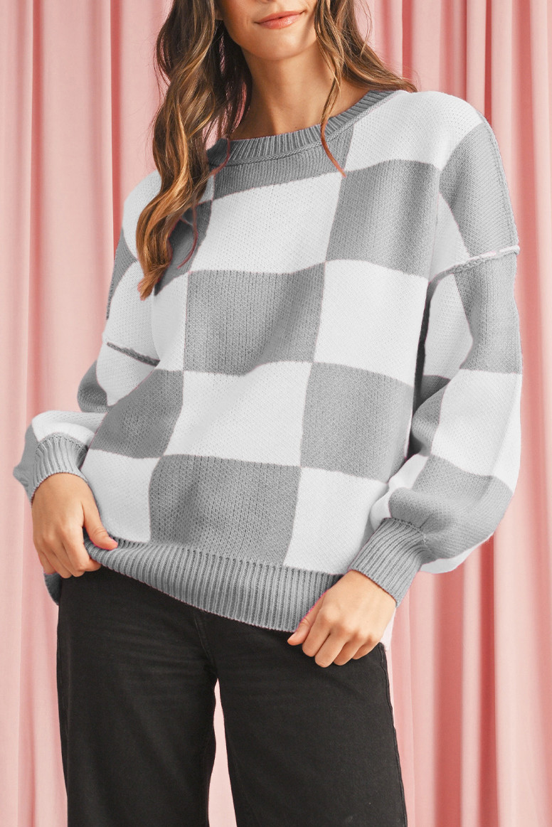 Gray Checkered Bishop Sleeve Pullover Sweater