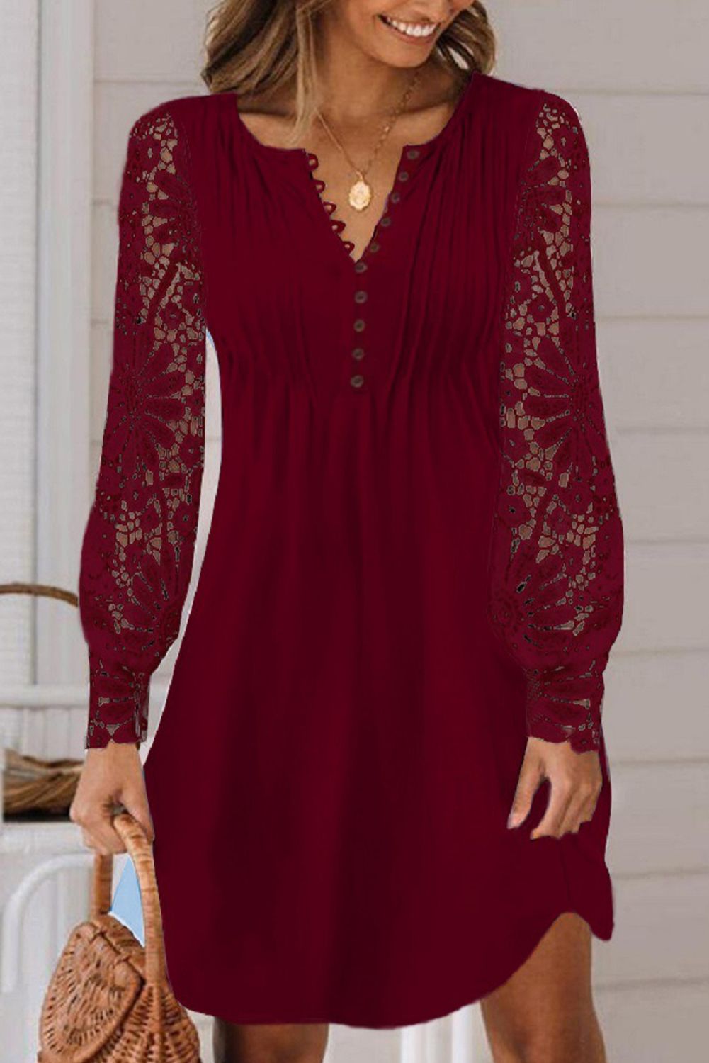 Burgundy Pleated Lace Sleeve Shift Mini Dress