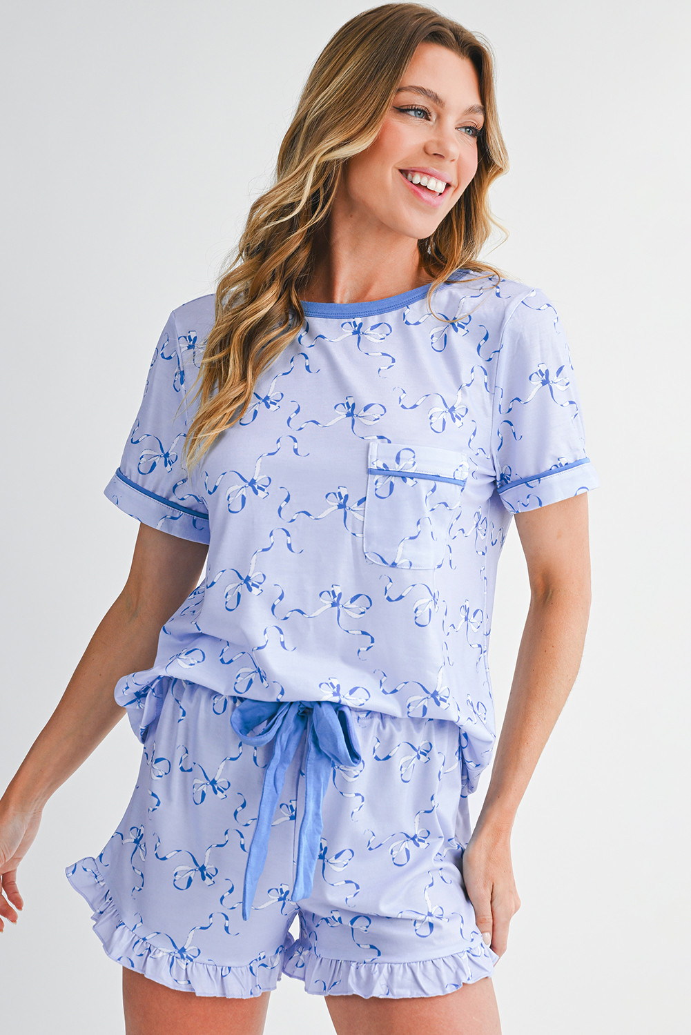 Sky Blue Bow Print Piping Trim Tee and Shorts Pajama Set