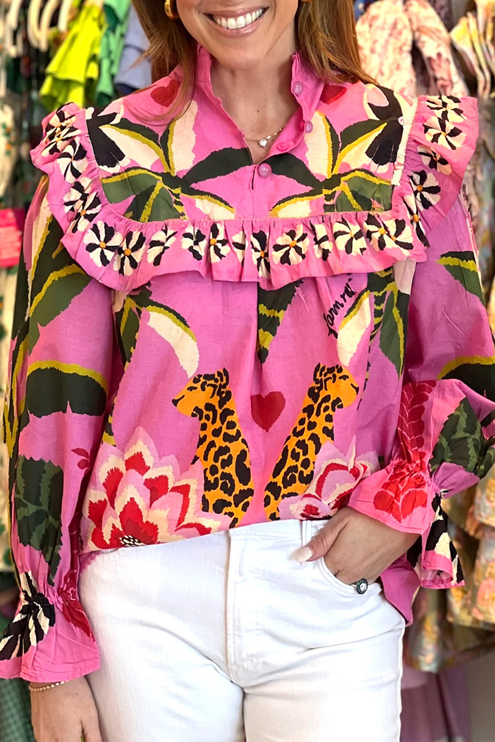 Rose Leopard Print Tropical Ruffle Blouse
