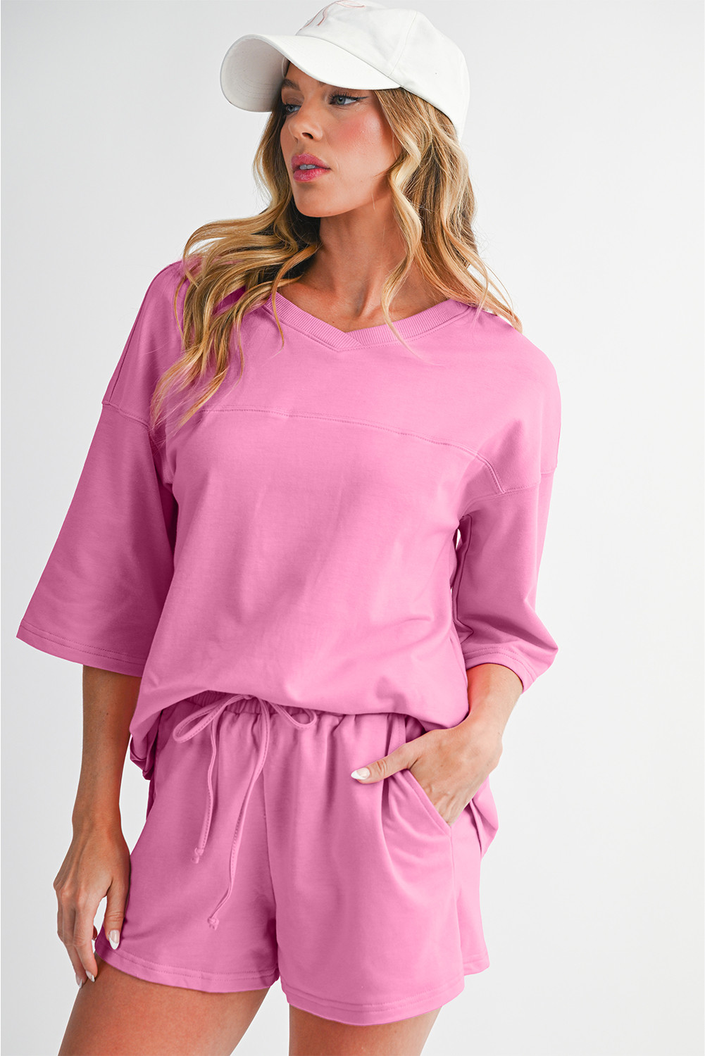 Bonbon Loose V Neck Tee and Drawstring Shorts Set