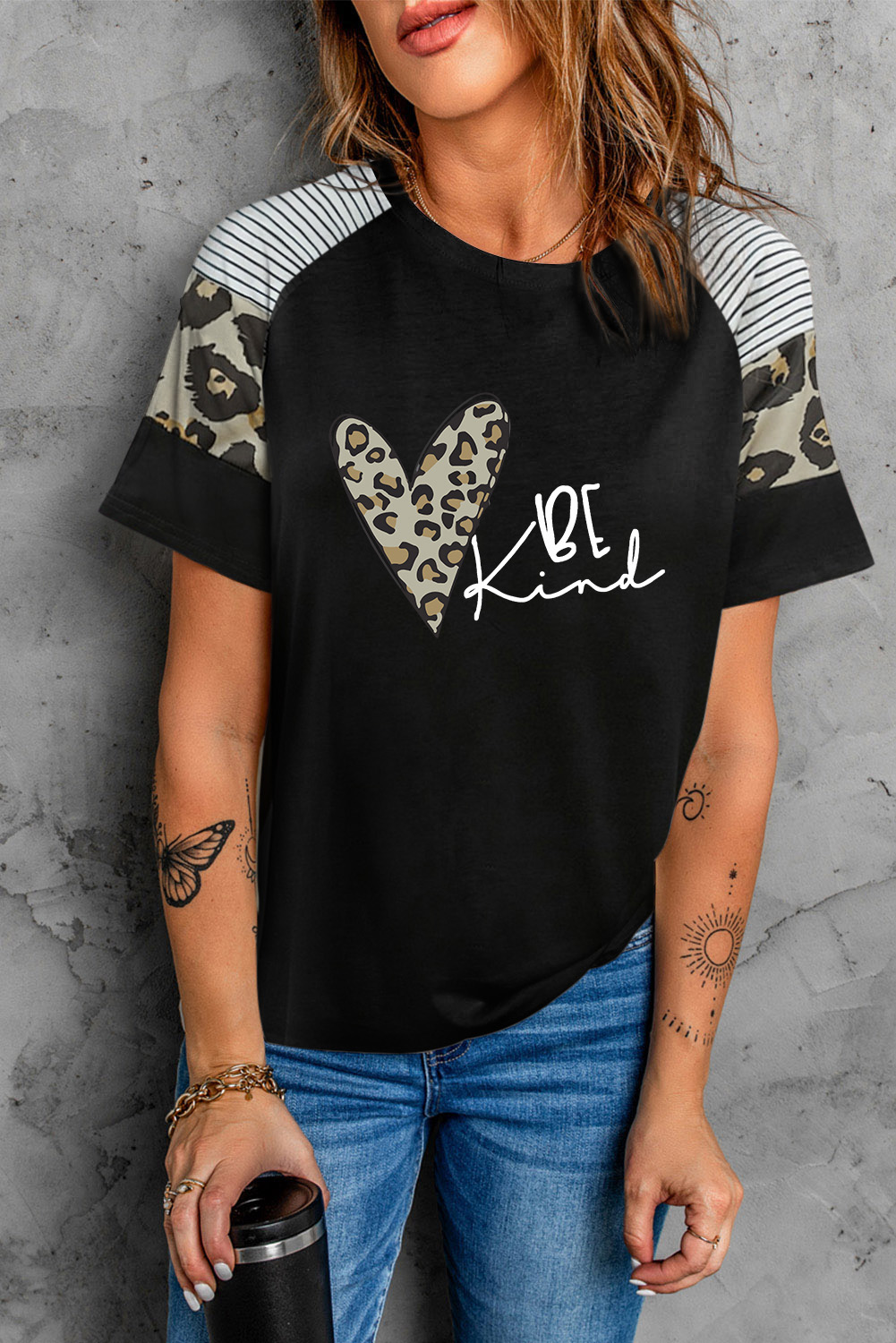 Black Leopard Print Short Sleeve Polyester Crew Neck T Shirt | Shewin