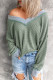 Green V Neck Long Sleeve Waffle Knitted Top