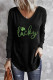 Black Glitter Lucky Clover Print V Neck Long Sleeve St Patricks Day Shirt