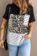 Cheetah Print and Stripes Colorblock Short Sleeve Crew Neck T Shirt in Black