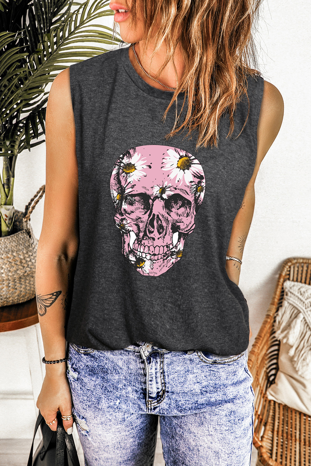 New arrivals 2023 Gray Casual SKULL Skeleton Print Graphic Tank Top