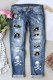 Blue Skull Print Mid Rise Ripped Graphic Jeans for Women