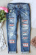 Blue USA Flag Print Ripped Graphic Jeans for Women