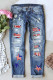 Blue American Flag Stars Print Ripped Graphic Jeans for Women