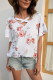 White Casual Cross V Neck Floral Print Ruffle Sleeve T-shirt for Women