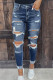 Dark Blue Casual Buttoned Ripped High Rise Jeans