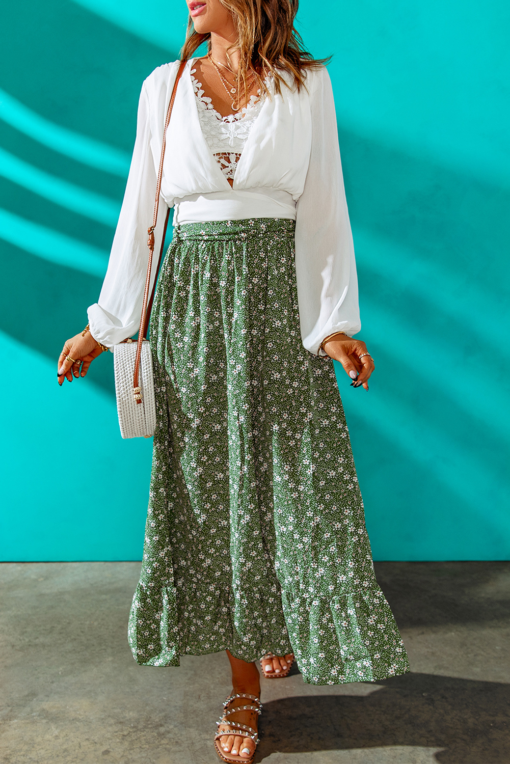 Green Boho Floral Print Flounce High Waist Maxi Skirt | SHEWIN Wholesale