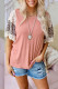 Leopard Lace Splicing Sleeve Rib-Knit Patchwork Color Block Summer Top