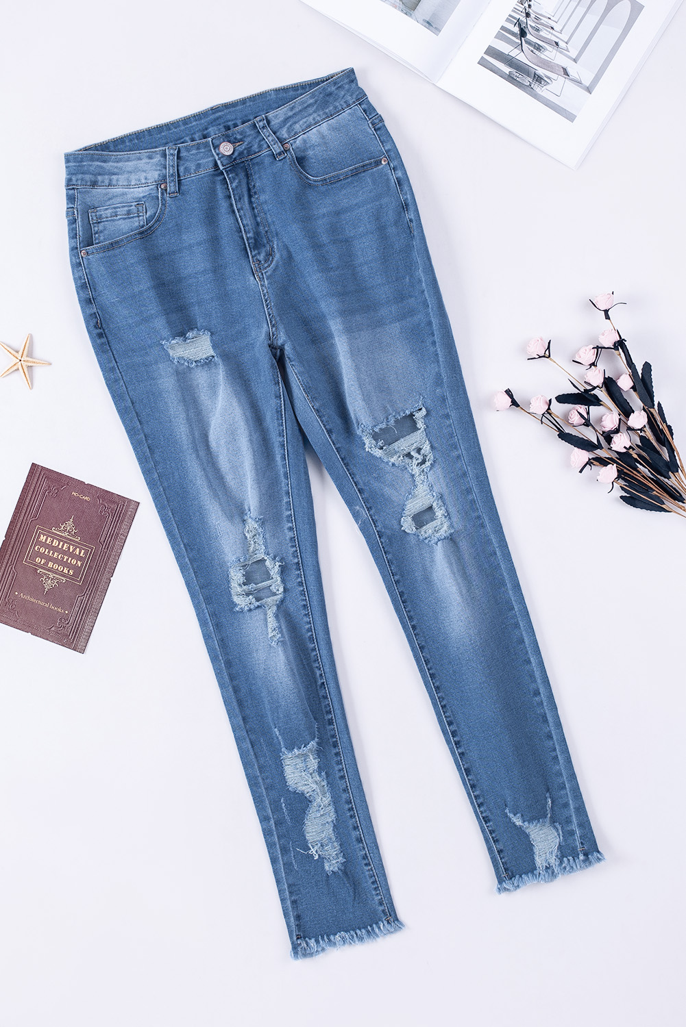 Light Blue High Waist Distressed Skinny Jeans | Shewin Wholesale