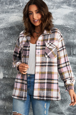 Button Front Casual Plaid Shirt Jacket with Pocket