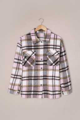 Button Front Casual Plaid Shirt Jacket with Pocket