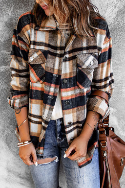 Button Front Casual Plaid Shirt Jacket with Pocket
