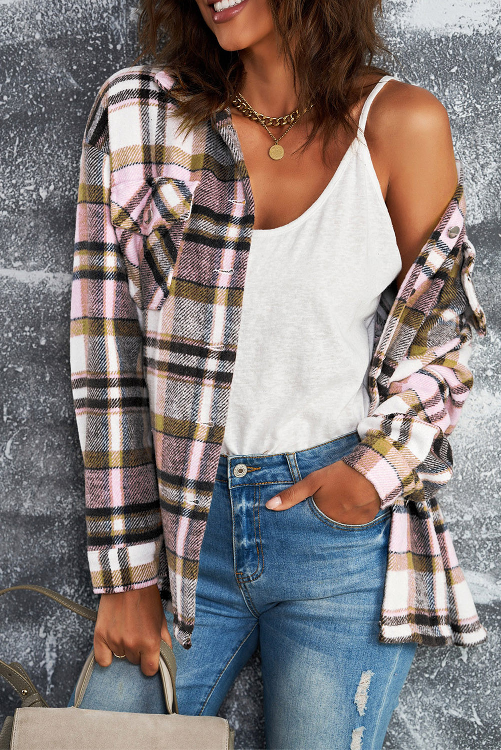 Button Front Casual Plaid Shirt Jacket with Pocket