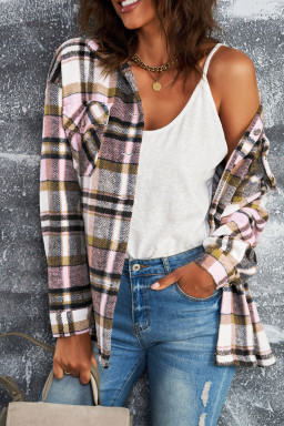 Button Front Casual Plaid Shirt Jacket with Pocket