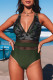 Army Green Camo Patchwork Deep V Neck One Piece Swimsuit