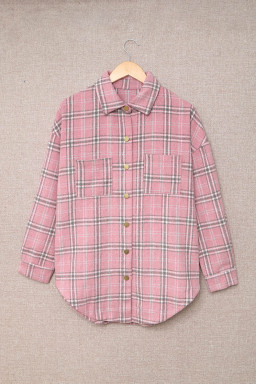 Pink Plaid Casual Button Up Shirt Jacket with Slits