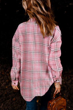 Pink Plaid Casual Button Up Shirt Jacket with Slits