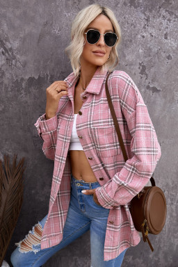 Pink Plaid Casual Button Up Shirt Jacket with Slits
