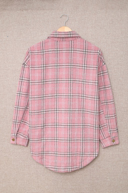 Pink Plaid Casual Button Up Shirt Jacket with Slits