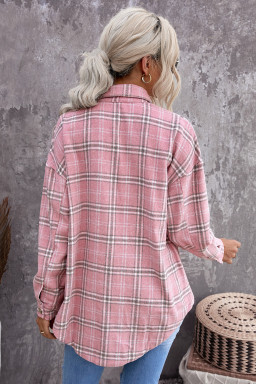 Pink Plaid Casual Button Up Shirt Jacket with Slits
