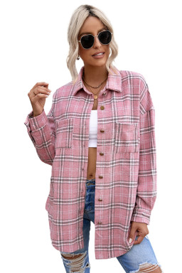 Pink Plaid Casual Button Up Shirt Jacket with Slits