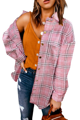 Pink Plaid Casual Button Up Shirt Jacket with Slits