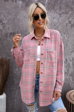 Pink Plaid Casual Button Up Shirt Jacket with Slits