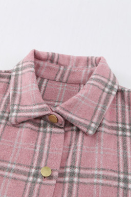 Pink Plaid Casual Button Up Shirt Jacket with Slits