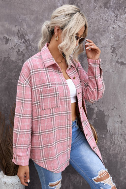 Pink Plaid Casual Button Up Shirt Jacket with Slits