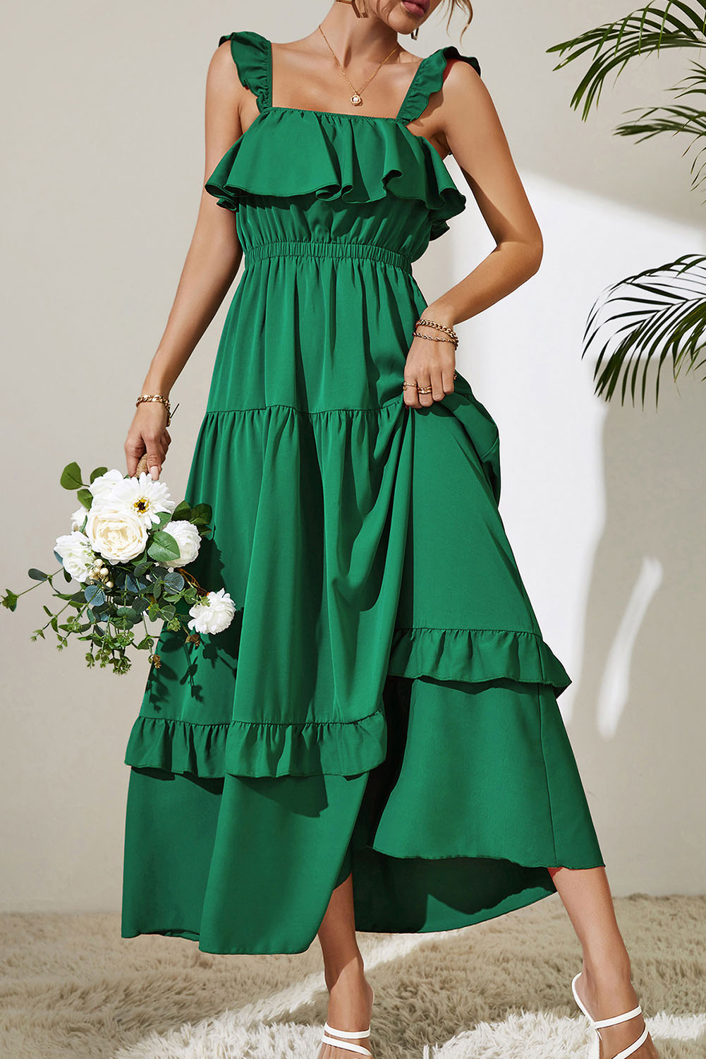 Green Ruffled Long Sleeveless Tiered Summer Wedding Guest Dress ...