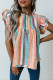 Multicolor Striped Color Block Back Button Keyhole Casual Layered Sleeve Blouse for Women
