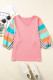 Pink Striped Color Block Casual Puff Sleeve T Shirt