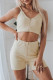 Beige Casual Ribbed Knit Zip-up Crop Top and High Waist Shorts Set