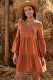 Brown V-Neck Ruffle Flowy Pleated Loose Tunic Dress