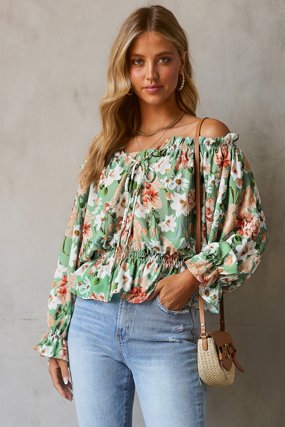 Green Floral Print Ruffle Trim Long Sleeve Off Shoulder Top | Shewin ...