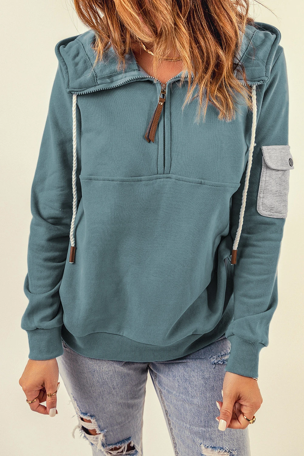 Dusty Blue Half Zip Long Sleeve Drawstring Pullover Hoodie Shewin