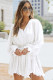 White Pleated Ruffled Tie Waist Button Front V Neck Romper Dress