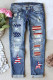 Blue American Flag Stars Print Ripped Jeans for Women