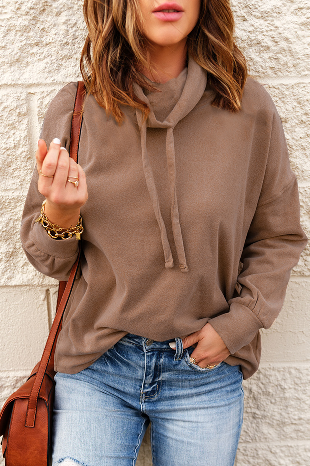brown cowl neck casual drop shoulder sweatshirt for women