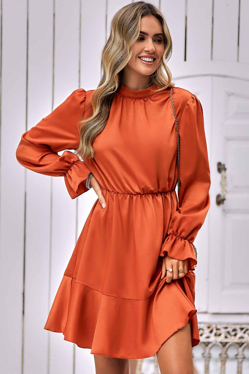 Orange Ruffle Stand Neck Puff Sleeve Short Dress Shewin Wholesale